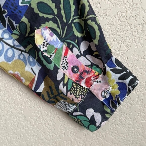 Johnny Was Chelsea Astra Floral Button-Up Silk Blouse With Roll Tab Sleeves - Picture 9 of 10